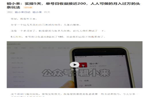 图片[1]-祖小来：实操5天，单号日收益接近200，人人可做的月入过万的头条赚钱玩法-万源库