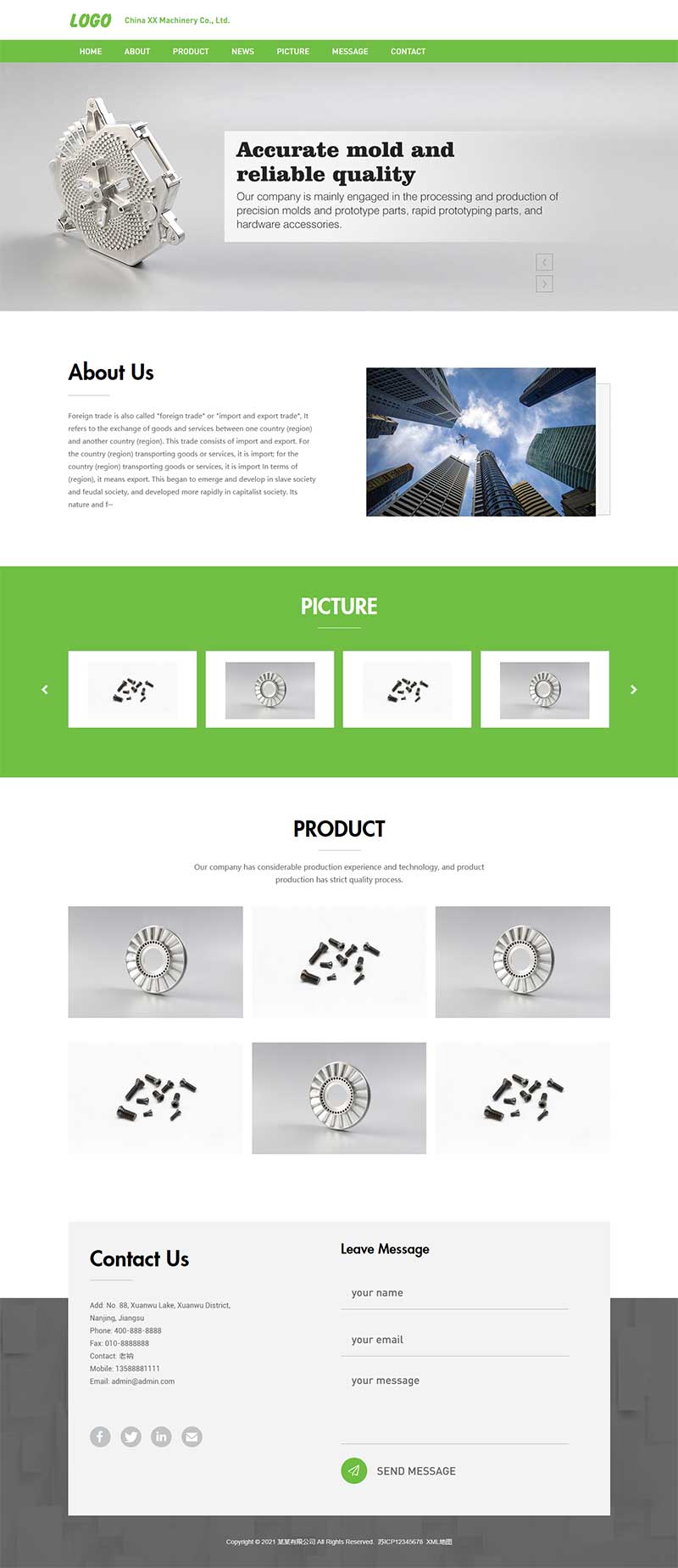 (自适应手机端)绿色五金零件英文外贸网站源码 精密模具零件加工类pbootcms网站模板-万源库